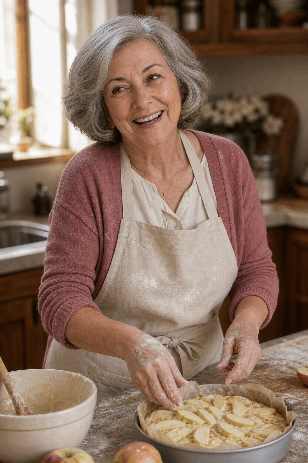 Baking her mother's apple cake.