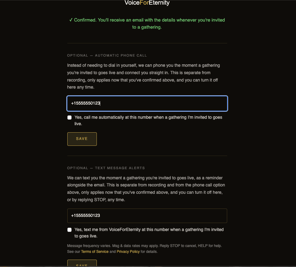 The live-gatherings opt-in confirmation page, showing the optional automatic phone call and text message alert sections, each with an unchecked consent checkbox
