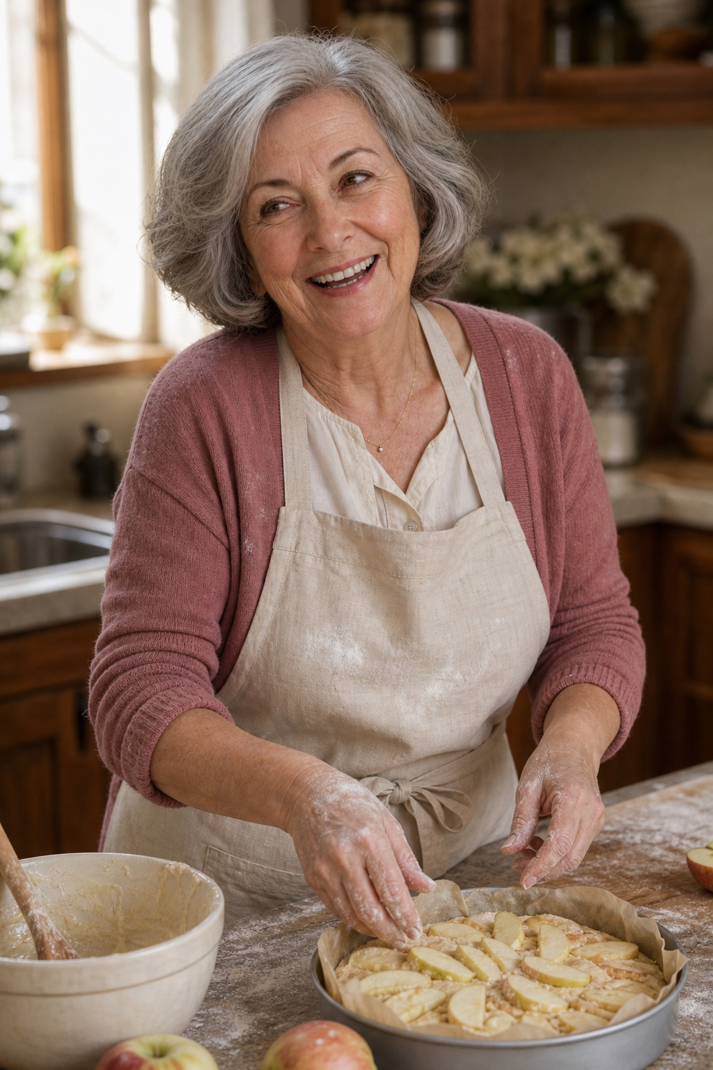 Baking her mother's apple cake.